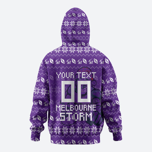 Personalized Melbourne Storm Christmas Hoodie Australian Rugby Fans - Pixelated Ugly Xmas Pattern Mascot Santa