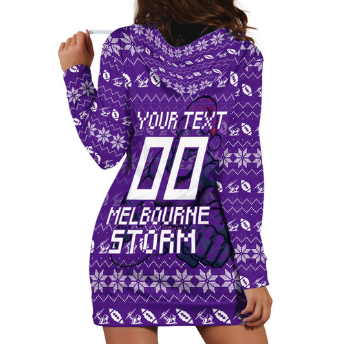 Personalized Melbourne Storm Christmas Hoodie Dress Australian Rugby Fans - Pixelated Ugly Xmas Pattern Mascot Santa