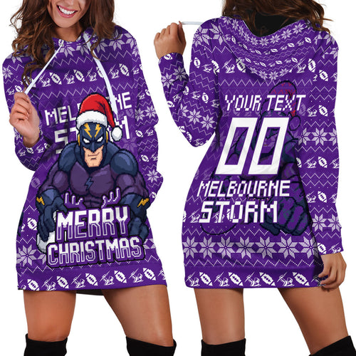 Personalized Melbourne Storm Christmas Hoodie Dress Australian Rugby Fans - Pixelated Ugly Xmas Pattern Mascot Santa
