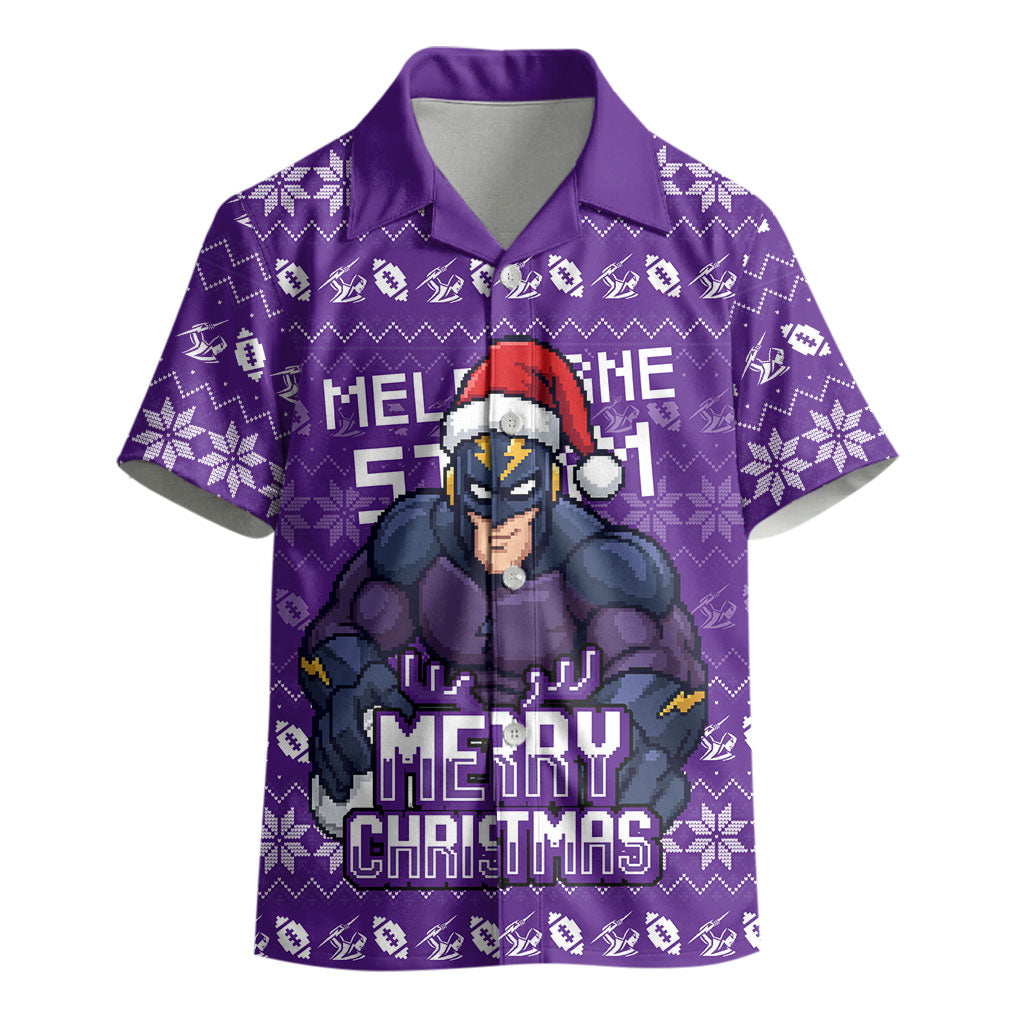 Personalized Melbourne Storm Christmas Kid Hawaiian Shirt Australian Rugby Fans - Pixelated Ugly Xmas Pattern Mascot Santa