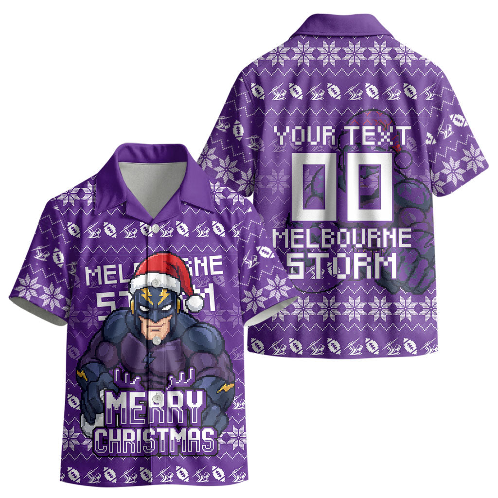 Personalized Melbourne Storm Christmas Kid Hawaiian Shirt Australian Rugby Fans - Pixelated Ugly Xmas Pattern Mascot Santa