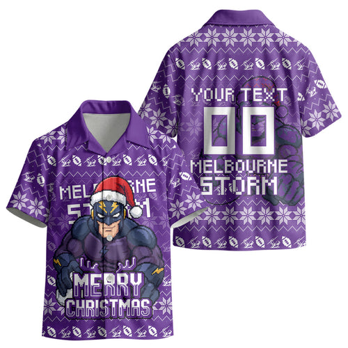 Personalized Melbourne Storm Christmas Kid Hawaiian Shirt Australian Rugby Fans - Pixelated Ugly Xmas Pattern Mascot Santa