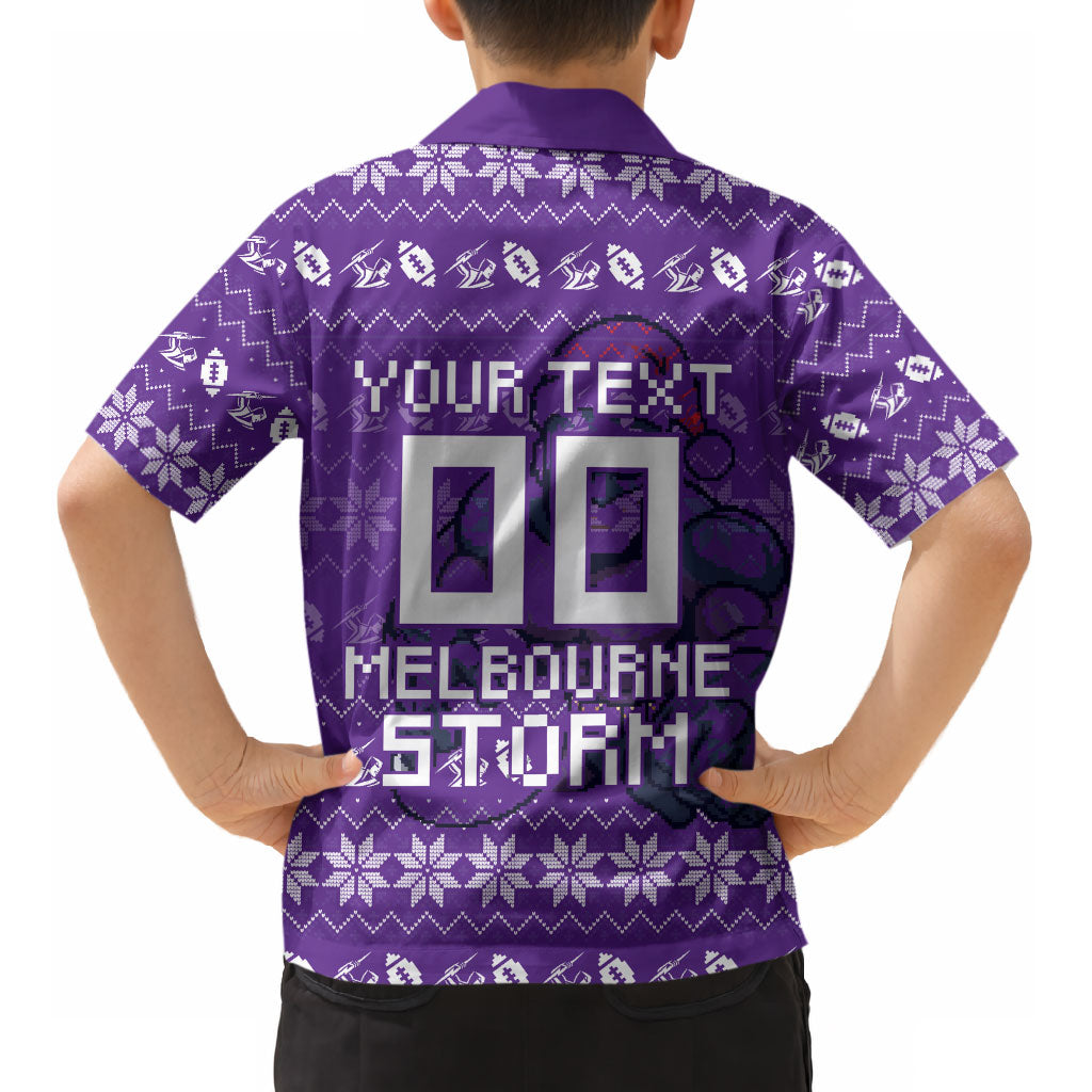 Personalized Melbourne Storm Christmas Kid Hawaiian Shirt Australian Rugby Fans - Pixelated Ugly Xmas Pattern Mascot Santa