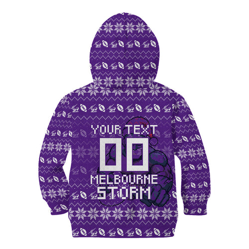 Personalized Melbourne Storm Christmas Kid Hoodie Australian Rugby Fans - Pixelated Ugly Xmas Pattern Mascot Santa