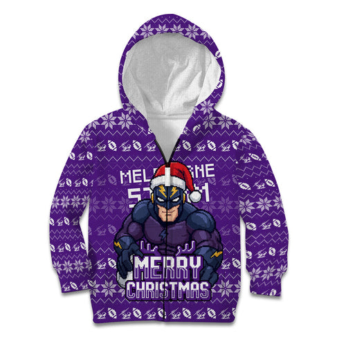 Personalized Melbourne Storm Christmas Kid Hoodie Australian Rugby Fans - Pixelated Ugly Xmas Pattern Mascot Santa