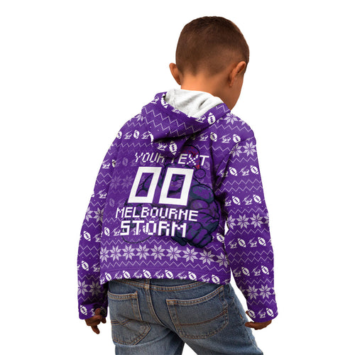 Personalized Melbourne Storm Christmas Kid Hoodie Australian Rugby Fans - Pixelated Ugly Xmas Pattern Mascot Santa