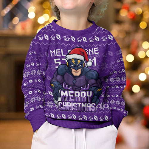 Personalized Melbourne Storm Christmas Kid Ugly Christmas Sweater Australian Rugby Fans - Pixelated Ugly Xmas Pattern Mascot Santa