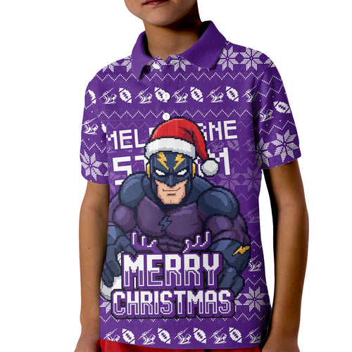 Personalized Melbourne Storm Christmas Kid Polo Shirt Australian Rugby Fans - Pixelated Ugly Xmas Pattern Mascot Santa