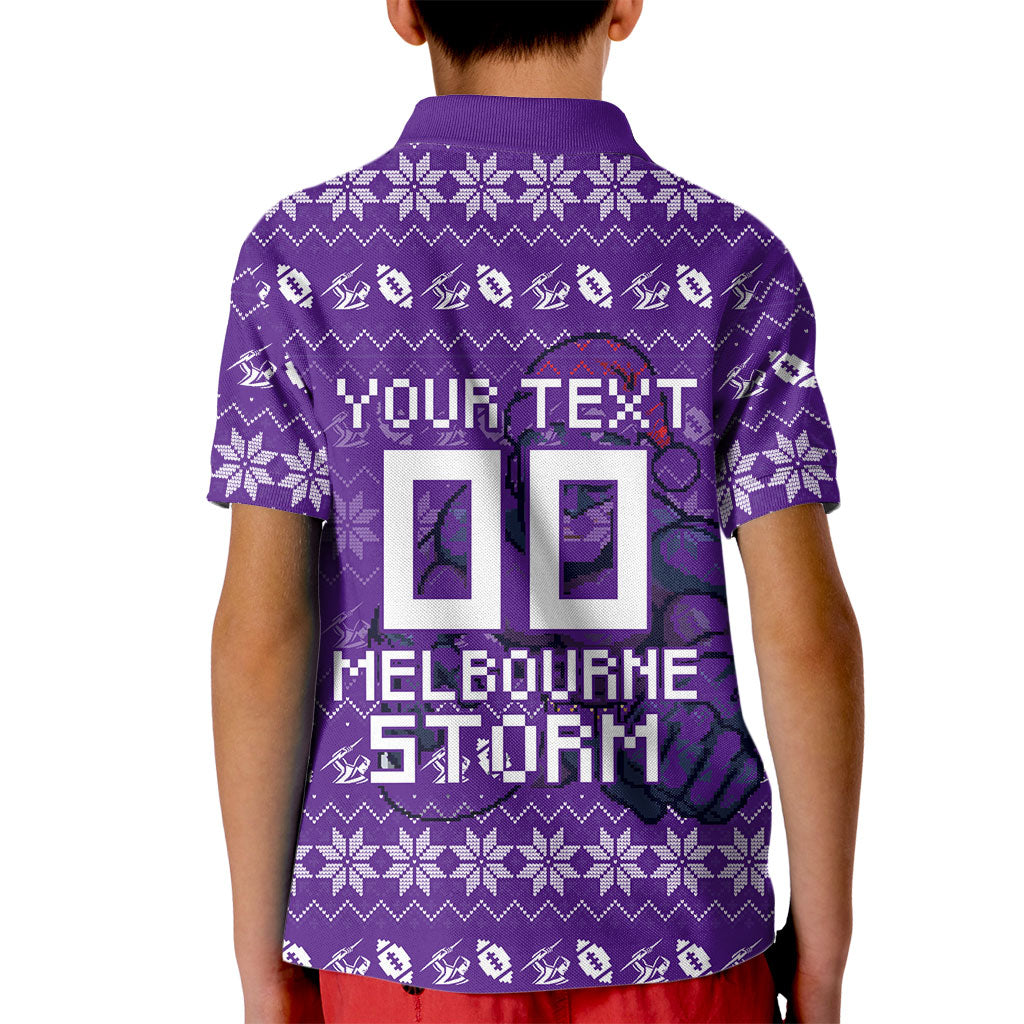 Personalized Melbourne Storm Christmas Kid Polo Shirt Australian Rugby Fans - Pixelated Ugly Xmas Pattern Mascot Santa