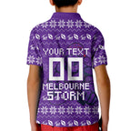Personalized Melbourne Storm Christmas Kid Polo Shirt Australian Rugby Fans - Pixelated Ugly Xmas Pattern Mascot Santa