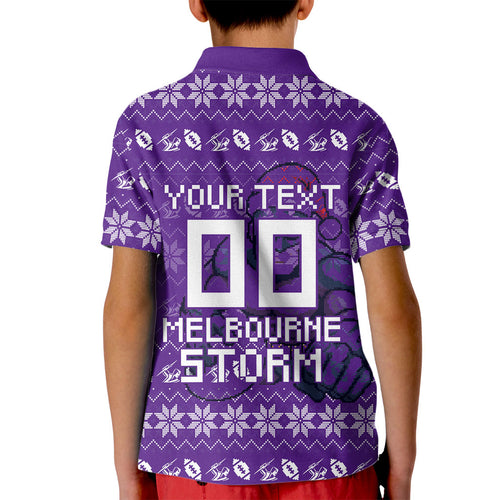 Personalized Melbourne Storm Christmas Kid Polo Shirt Australian Rugby Fans - Pixelated Ugly Xmas Pattern Mascot Santa