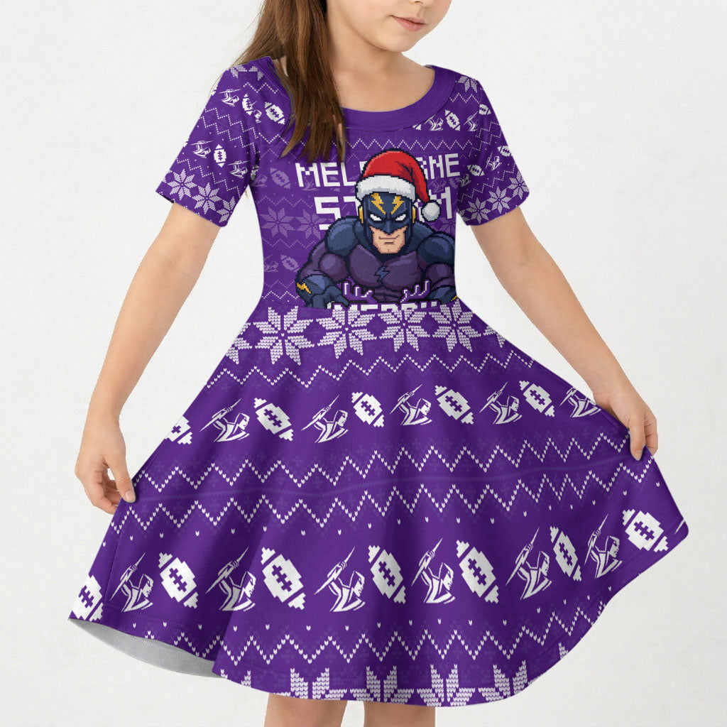 Personalized Melbourne Storm Christmas Kid Short Sleeve Dress Australian Rugby Fans - Pixelated Ugly Xmas Pattern Mascot Santa