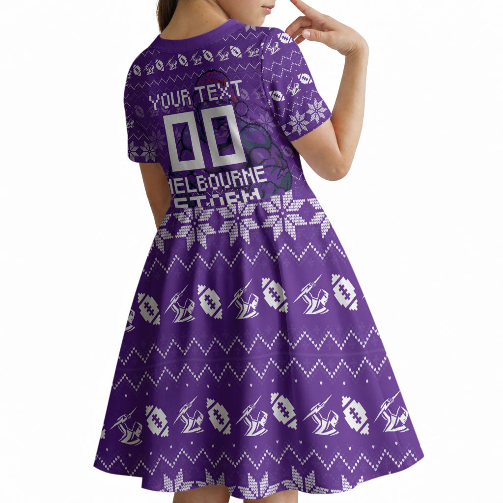 Personalized Melbourne Storm Christmas Kid Short Sleeve Dress Australian Rugby Fans - Pixelated Ugly Xmas Pattern Mascot Santa