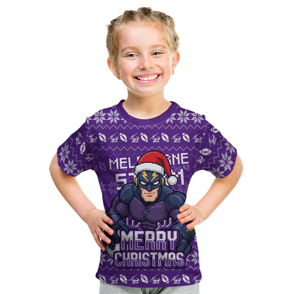 Personalized Melbourne Storm Christmas Kid T Shirt Australian Rugby Fans - Pixelated Ugly Xmas Pattern Mascot Santa