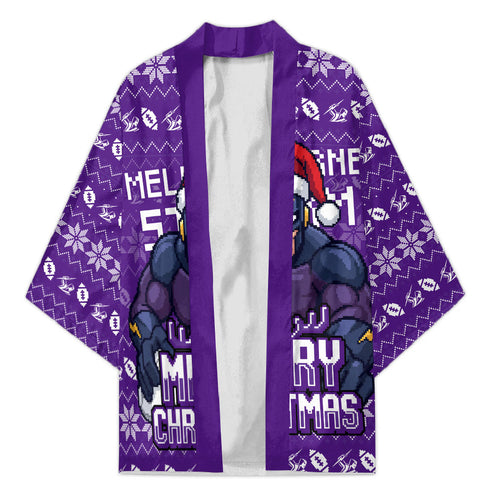 Personalized Melbourne Storm Christmas Kimono Australian Rugby Fans - Pixelated Ugly Xmas Pattern Mascot Santa