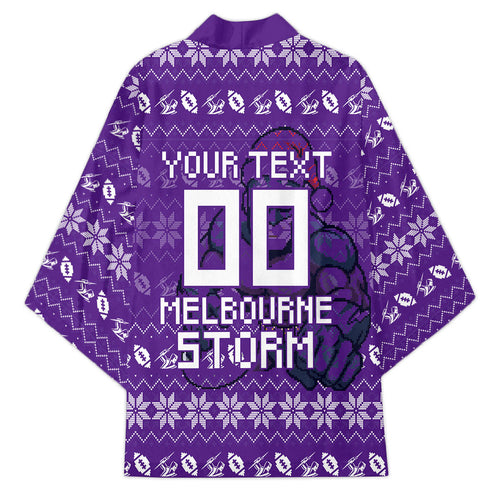 Personalized Melbourne Storm Christmas Kimono Australian Rugby Fans - Pixelated Ugly Xmas Pattern Mascot Santa