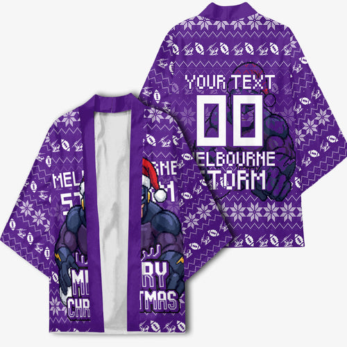 Personalized Melbourne Storm Christmas Kimono Australian Rugby Fans - Pixelated Ugly Xmas Pattern Mascot Santa