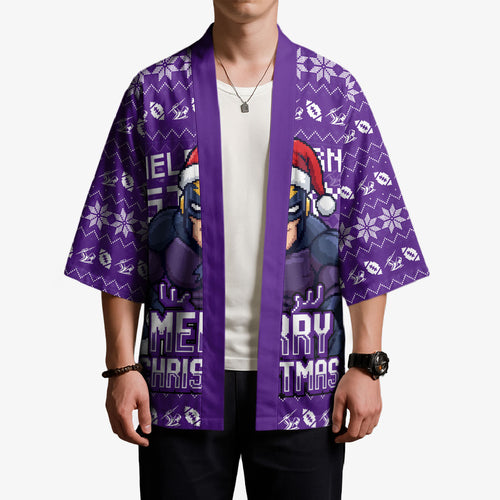 Personalized Melbourne Storm Christmas Kimono Australian Rugby Fans - Pixelated Ugly Xmas Pattern Mascot Santa