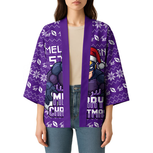 Personalized Melbourne Storm Christmas Kimono Australian Rugby Fans - Pixelated Ugly Xmas Pattern Mascot Santa