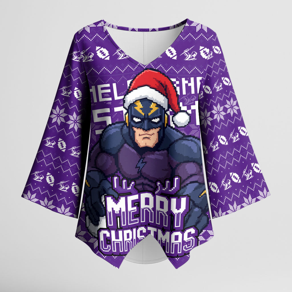 Personalized Melbourne Storm Christmas Kimono Sleeve Blouse Australian Rugby Fans - Pixelated Ugly Xmas Pattern Mascot Santa