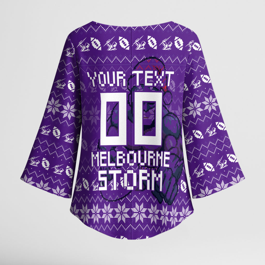 Personalized Melbourne Storm Christmas Kimono Sleeve Blouse Australian Rugby Fans - Pixelated Ugly Xmas Pattern Mascot Santa