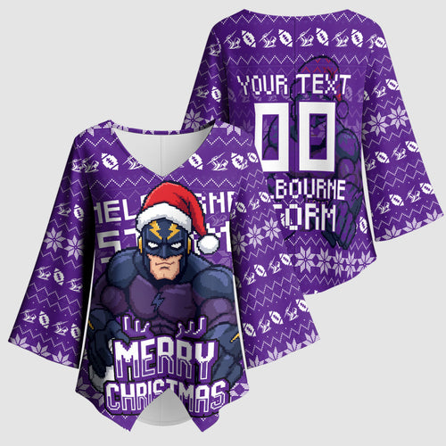 Personalized Melbourne Storm Christmas Kimono Sleeve Blouse Australian Rugby Fans - Pixelated Ugly Xmas Pattern Mascot Santa