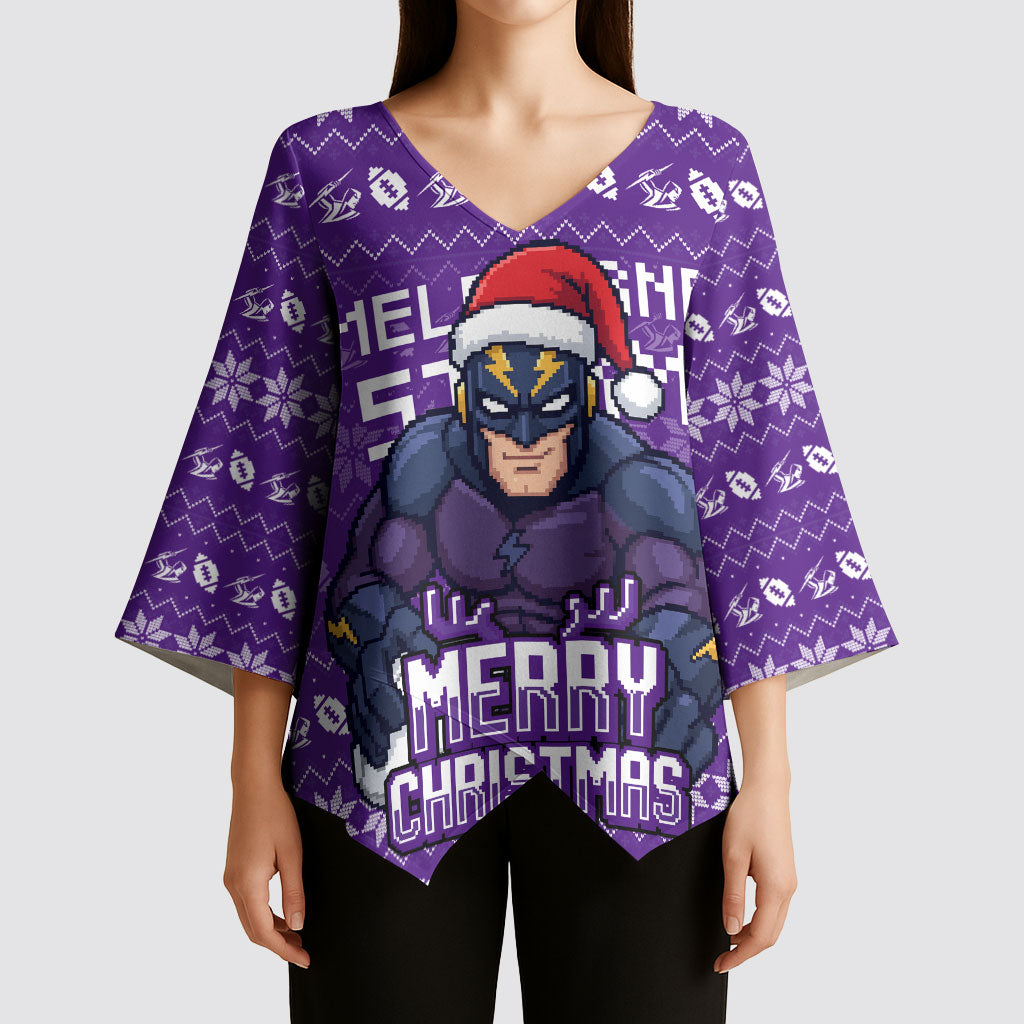 Personalized Melbourne Storm Christmas Kimono Sleeve Blouse Australian Rugby Fans - Pixelated Ugly Xmas Pattern Mascot Santa
