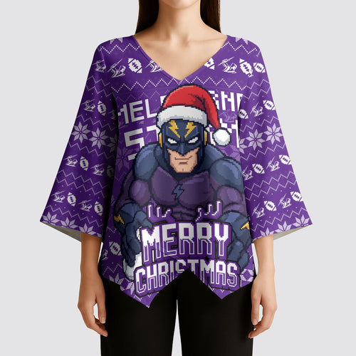 Personalized Melbourne Storm Christmas Kimono Sleeve Blouse Australian Rugby Fans - Pixelated Ugly Xmas Pattern Mascot Santa