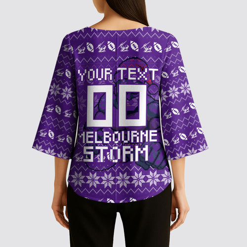 Personalized Melbourne Storm Christmas Kimono Sleeve Blouse Australian Rugby Fans - Pixelated Ugly Xmas Pattern Mascot Santa