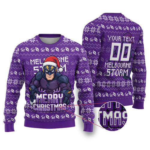 Personalized Melbourne Storm Christmas Ugly Christmas Sweater Australian Rugby Fans - Pixelated Ugly Xmas Pattern Mascot Santa