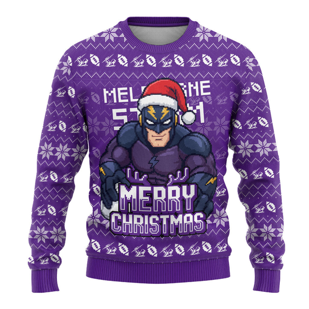 Personalized Melbourne Storm Christmas Ugly Christmas Sweater Australian Rugby Fans - Pixelated Ugly Xmas Pattern Mascot Santa