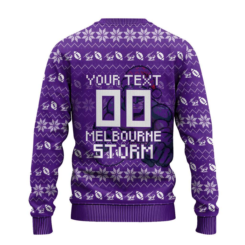 Personalized Melbourne Storm Christmas Ugly Christmas Sweater Australian Rugby Fans - Pixelated Ugly Xmas Pattern Mascot Santa