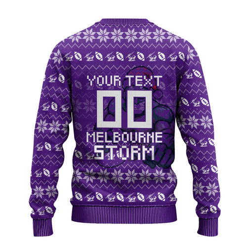 Personalized Melbourne Storm Christmas Ugly Christmas Sweater Australian Rugby Fans - Pixelated Ugly Xmas Pattern Mascot Santa