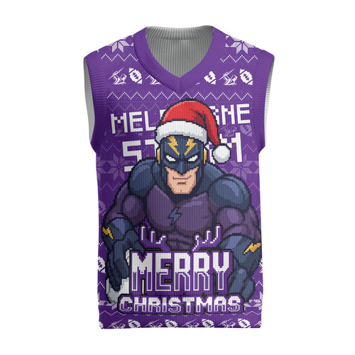 Personalized Melbourne Storm Christmas Knitted V-Neck Vest Australian Rugby Fans - Pixelated Ugly Xmas Pattern Mascot Santa