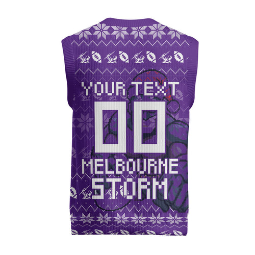 Personalized Melbourne Storm Christmas Knitted V-Neck Vest Australian Rugby Fans - Pixelated Ugly Xmas Pattern Mascot Santa
