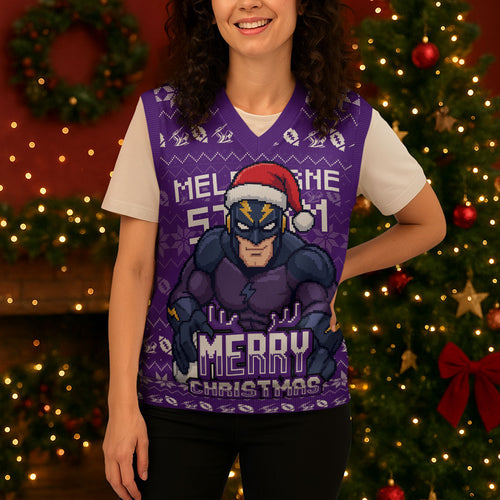 Personalized Melbourne Storm Christmas Knitted V-Neck Vest Australian Rugby Fans - Pixelated Ugly Xmas Pattern Mascot Santa
