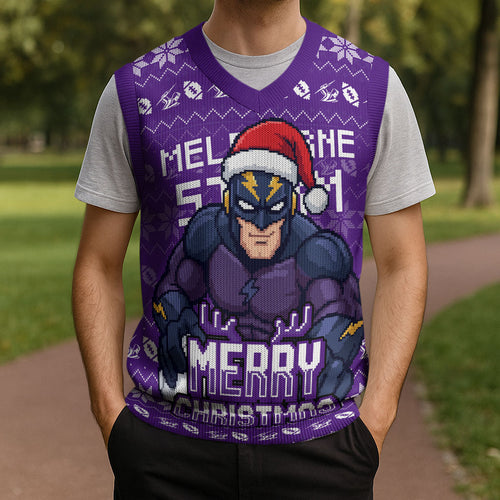 Personalized Melbourne Storm Christmas Knitted V-Neck Vest Australian Rugby Fans - Pixelated Ugly Xmas Pattern Mascot Santa