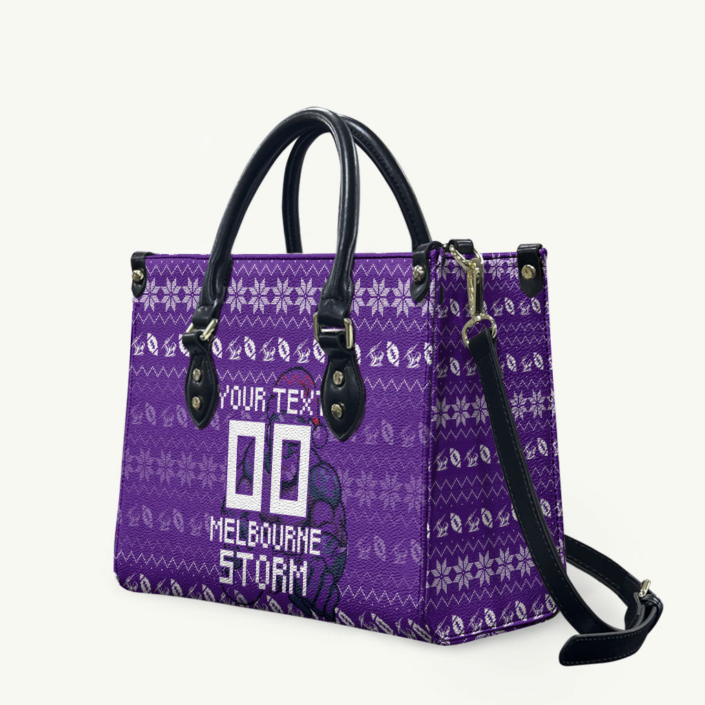 Personalized Melbourne Storm Christmas Leather Bag Australian Rugby Fans - Pixelated Ugly Xmas Pattern Mascot Santa