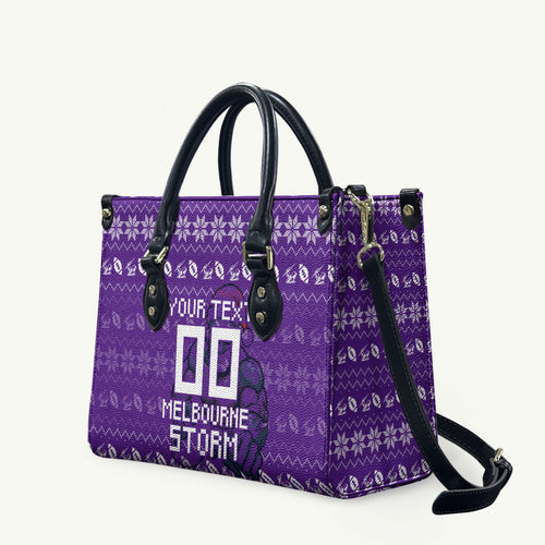 Personalized Melbourne Storm Christmas Leather Bag Australian Rugby Fans - Pixelated Ugly Xmas Pattern Mascot Santa