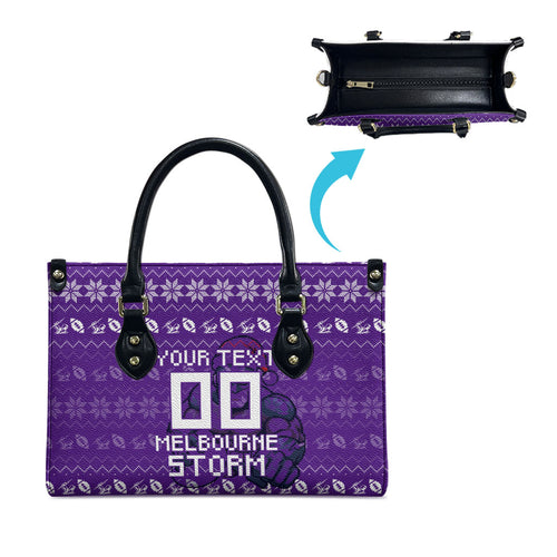 Personalized Melbourne Storm Christmas Leather Bag Australian Rugby Fans - Pixelated Ugly Xmas Pattern Mascot Santa