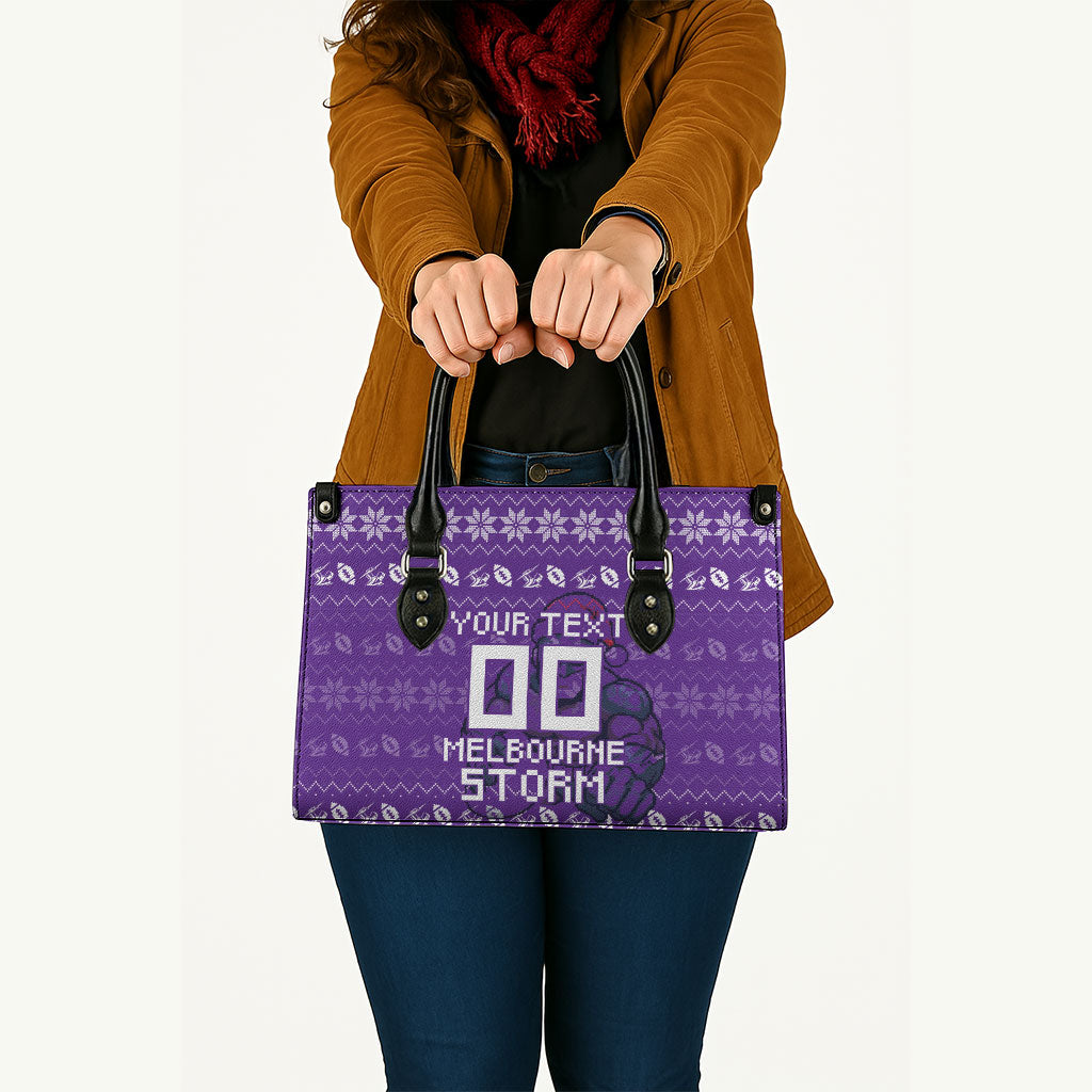 Personalized Melbourne Storm Christmas Leather Bag Australian Rugby Fans - Pixelated Ugly Xmas Pattern Mascot Santa