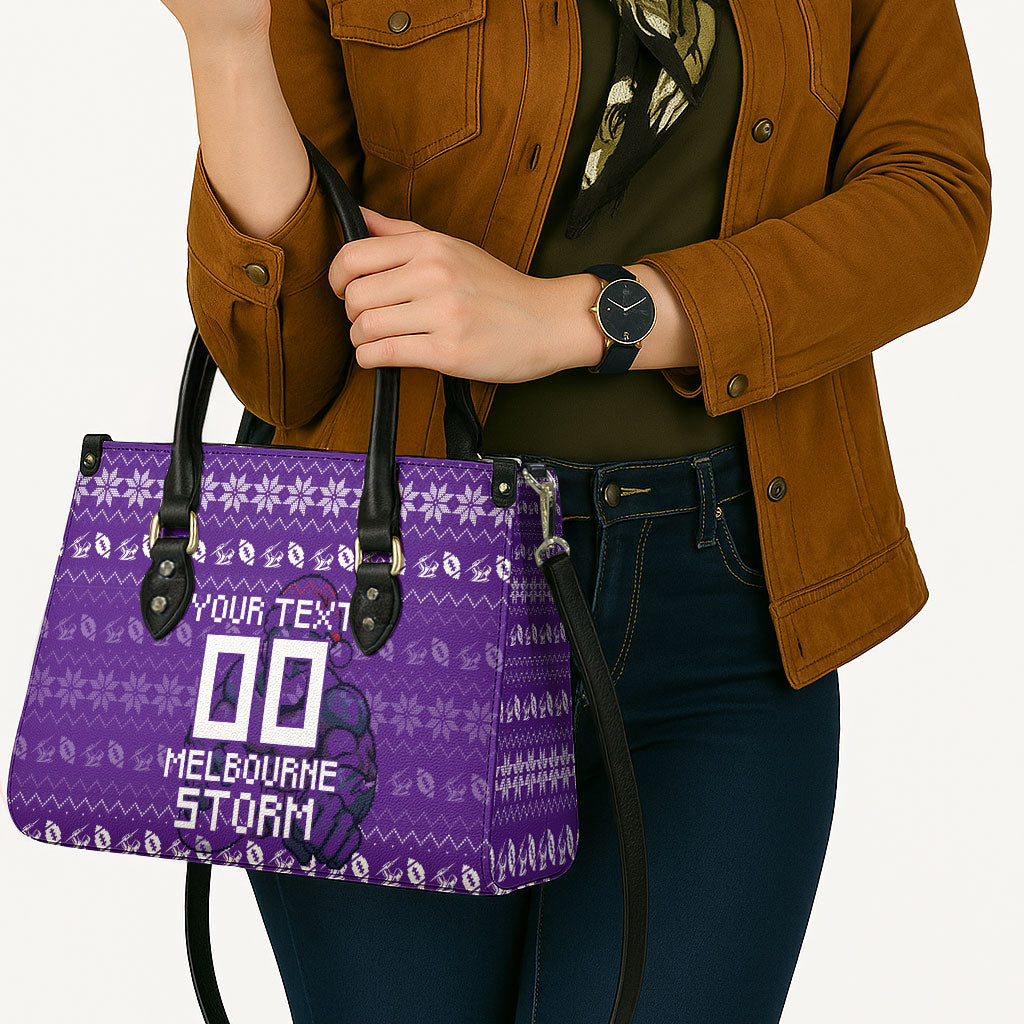 Personalized Melbourne Storm Christmas Leather Bag Australian Rugby Fans - Pixelated Ugly Xmas Pattern Mascot Santa