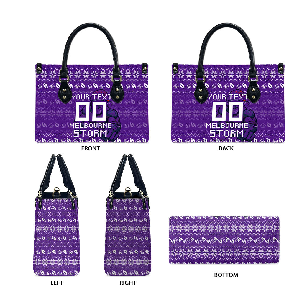Personalized Melbourne Storm Christmas Leather Bag Australian Rugby Fans - Pixelated Ugly Xmas Pattern Mascot Santa