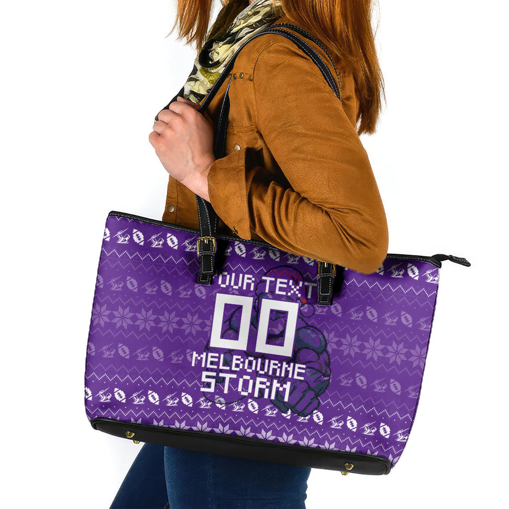 Personalized Melbourne Storm Christmas Leather Tote Bag Australian Rugby Fans - Pixelated Ugly Xmas Pattern Mascot Santa