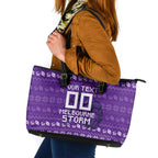 Personalized Melbourne Storm Christmas Leather Tote Bag Australian Rugby Fans - Pixelated Ugly Xmas Pattern Mascot Santa