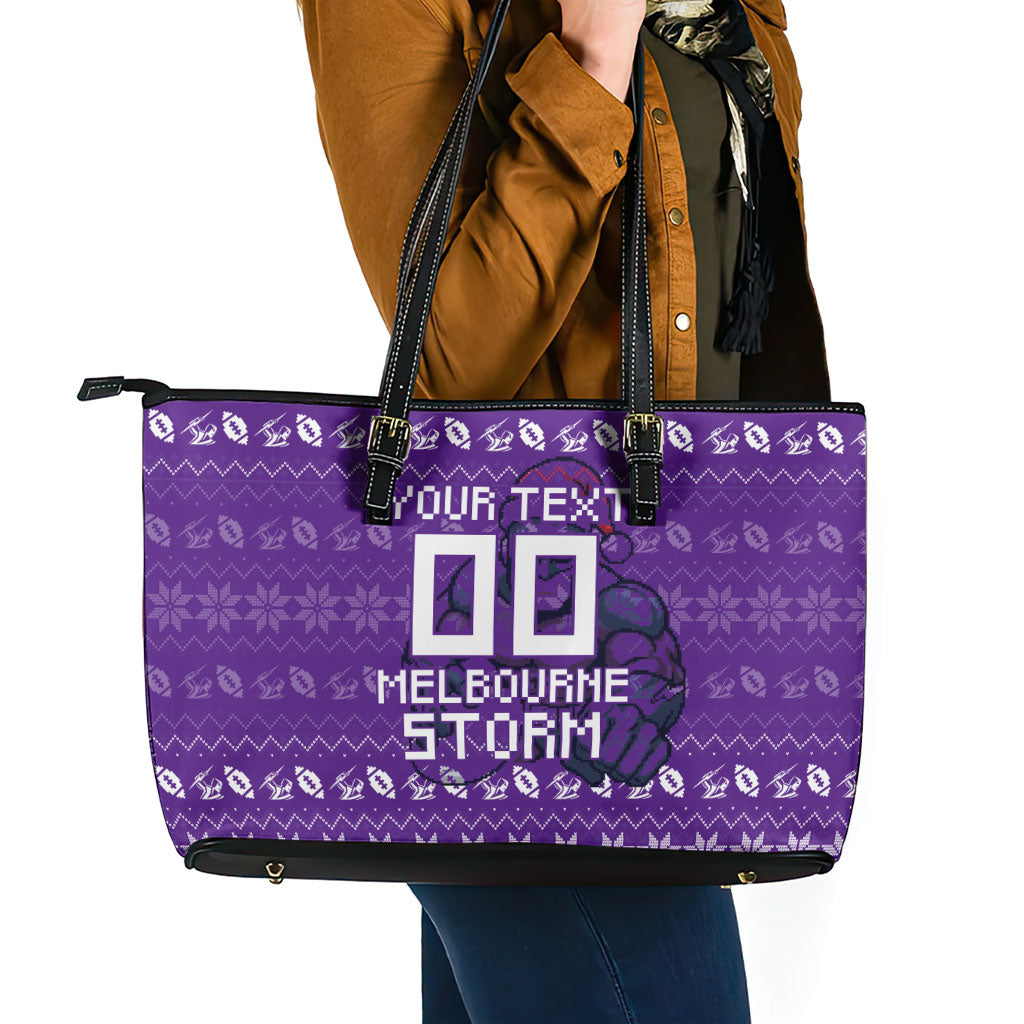 Personalized Melbourne Storm Christmas Leather Tote Bag Australian Rugby Fans - Pixelated Ugly Xmas Pattern Mascot Santa