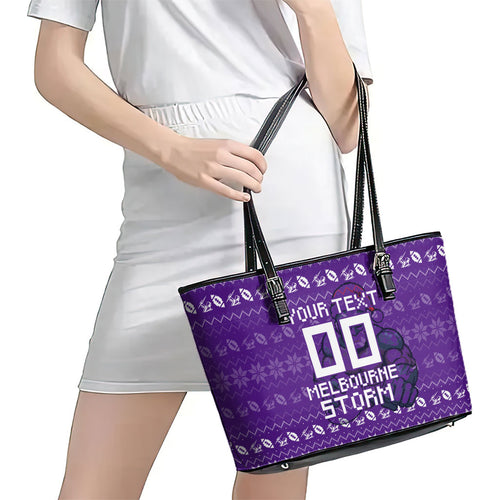 Personalized Melbourne Storm Christmas Leather Tote Bag Australian Rugby Fans - Pixelated Ugly Xmas Pattern Mascot Santa