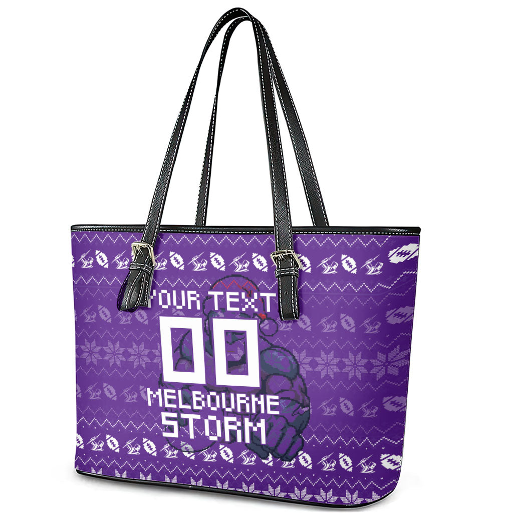 Personalized Melbourne Storm Christmas Leather Tote Bag Australian Rugby Fans - Pixelated Ugly Xmas Pattern Mascot Santa