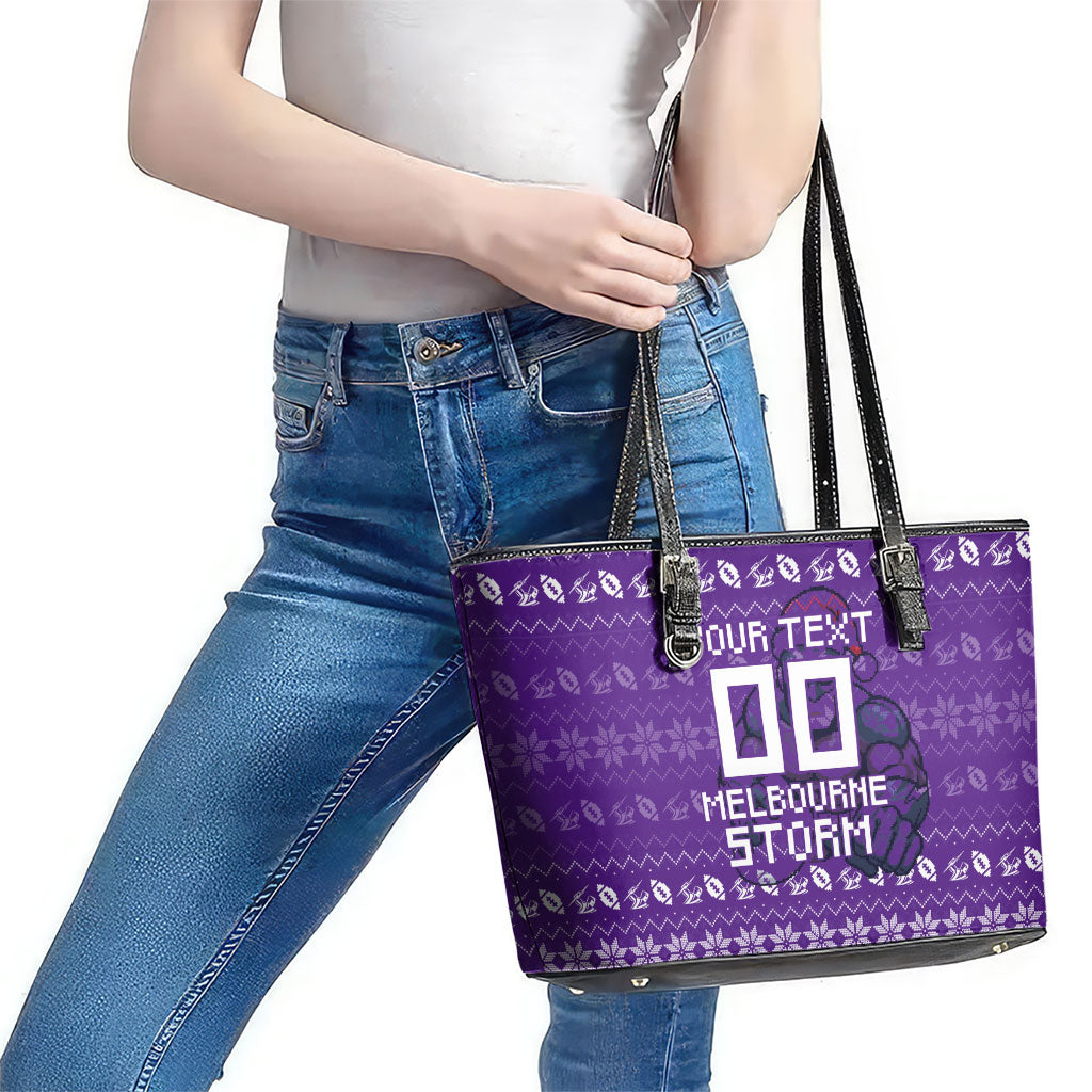 Personalized Melbourne Storm Christmas Leather Tote Bag Australian Rugby Fans - Pixelated Ugly Xmas Pattern Mascot Santa
