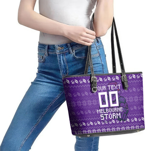 Personalized Melbourne Storm Christmas Leather Tote Bag Australian Rugby Fans - Pixelated Ugly Xmas Pattern Mascot Santa